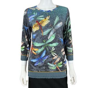 Citron Santa Monica Dragonfly Top Size M Tropical Botanical Crewneck Rayon BOHO
